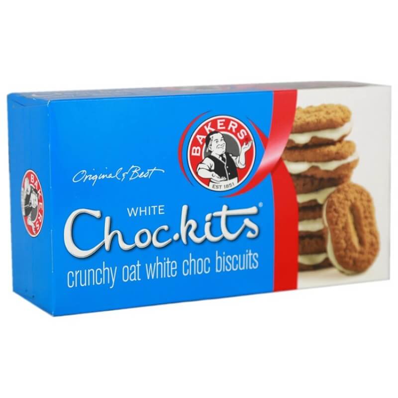 Bakers Choc Kits White Chocolate Biscuits (Kosher) HEAT SENSITIVE ITEM. PLEASE ADD ITEM 122942 TO THE ORDER TO TRY TO PROTECT CHOCOLATES FROM HEAT DAMAGE. (CASE OF 12 x 200g)