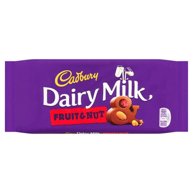 Cadbury Dairy Milk Fruit and Nut Large Bar HEAT SENSITIVE ITEM. PLEASE ADD ITEM 122942 TO THE ORDER TO TRY TO PROTECT CHOCOLATES FROM HEAT DAMAGE (CASE OF 15 x 180g)