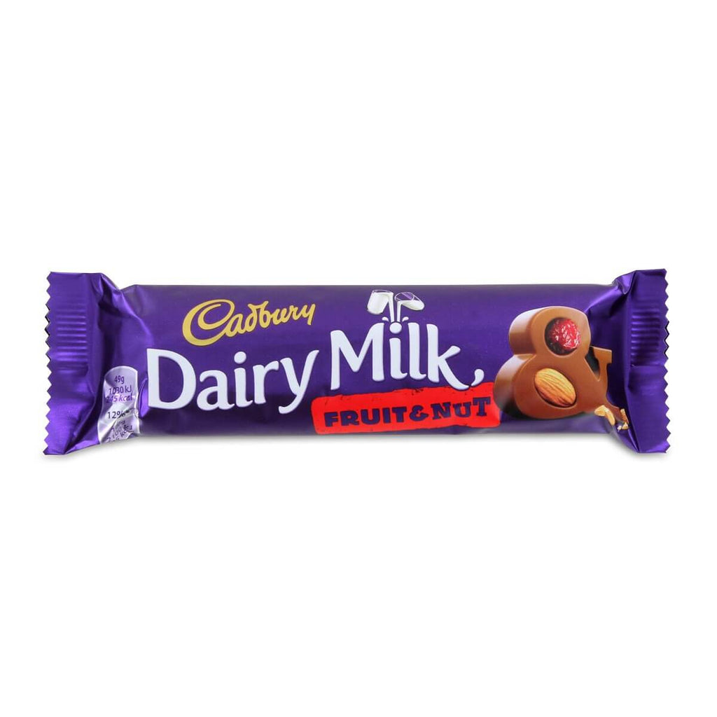 Cadbury Dairy Milk Fruit and Nut Small Bar HEAT SENSITIVE ITEM. PLEASE ADD ITEM 122942 TO THE ORDER TO TRY TO PROTECT CHOCOLATES FROM HEAT DAMAGE (CASE OF 48 x 49g)