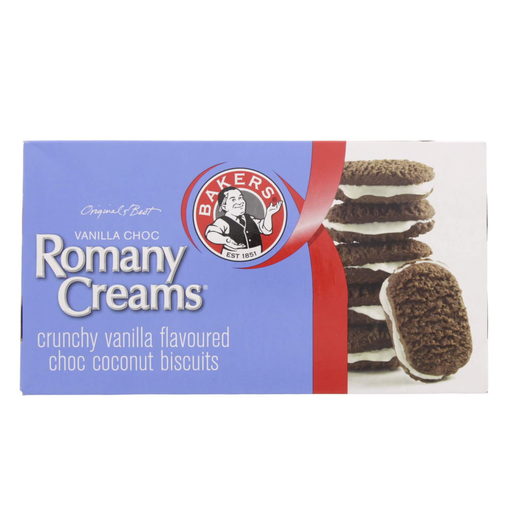 Bakers Romany Creams Vanilla Chocolate (Kosher)  HEAT SENSITIVE ITEM. PLEASE ADD ITEM 122942 TO THE ORDER TO TRY TO PROTECT CHOCOLATES FROM HEAT DAMAGE. (CASE OF 12 x 200g)