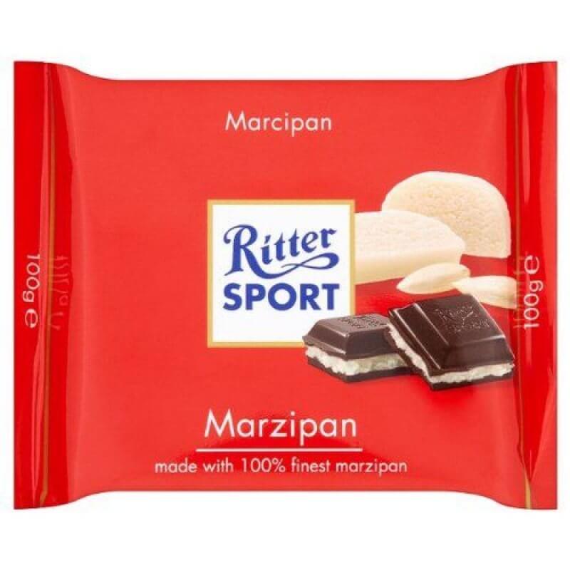 Ritter Sport Dark Chocolate Bar with Marzipan HEAT SENSITIVE ITEM. PLEASE ADD ITEM 122942 TO THE ORDER TO TRY TO PROTECT CHOCOLATES FROM HEAT DAMAGE. (CASE OF 12 x 100g)
