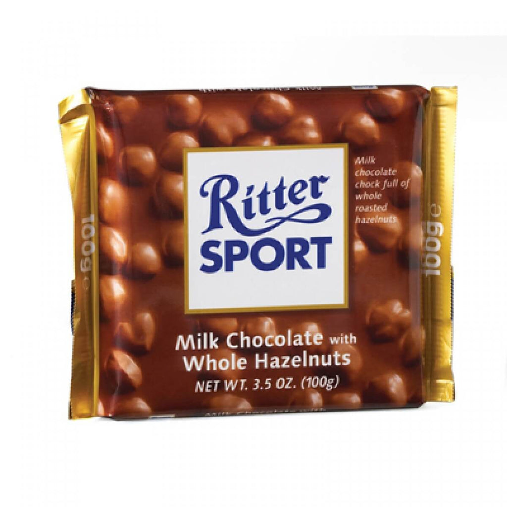 Ritter Sport Milk Chocolate with Wholenut Hazelnuts HEAT SENSITIVE ITEM. PLEASE ADD ITEM 122942 TO THE ORDER TO TRY TO PROTECT CHOCOLATES FROM HEAT DAMAGE. (CASE OF 10 x 100g)