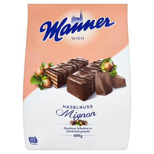 Manner Wafers Hazelnut Dark Chocolate HEAT SENSITIVE ITEM. PLEASE ADD ITEM 122942 TO THE ORDER TO TRY TO PROTECT CHOCOLATES FROM HEAT DAMAGE (CASE OF 10 x 400g)