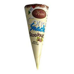 Messori Cono Hazelnut Delicious Wafer Cone with Hazelnut Cream with Dark Chocolate Chips and Puffed Rice HEAT SENSITIVE ITEM. PLEASE ADD ITEM 122942 TO THE ORDER TO TRY TO PROTECT CHOCOLATES FROM HEAT DAMAGE. (CASE OF 12 x 25g)