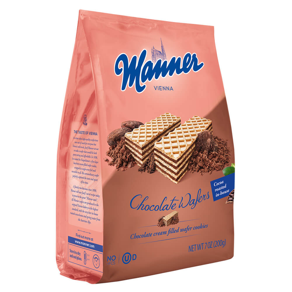 Manner Chocolate Wafer Bag HEAT SENSITIVE ITEM. PLEASE ADD ITEM 122942 TO THE ORDER TO TRY TO PROTECT CHOCOLATES FROM HEAT DAMAGE. (CASE OF 12 x 200g)