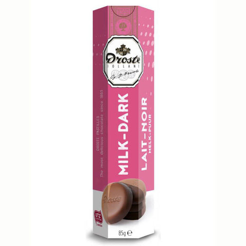 Droste Pastille Dark and Milk Chocolate Tube  HEAT SENSITIVE ITEM. PLEASE ADD ITEM 122942 TO THE ORDER TO TRY TO PROTECT CHOCOLATES FROM HEAT DAMAGE. (CASE OF 12 x 85g)