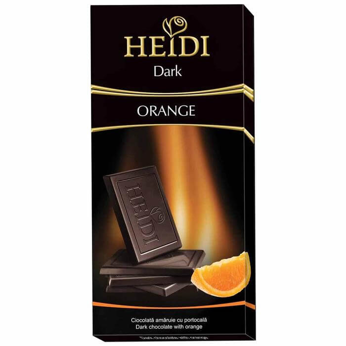 Heidi Dark Chocolate with Orange Bar HEAT SENSITIVE ITEM. PLEASE ADD ITEM 122942 TO THE ORDER TO TRY TO PROTECT CHOCOLATES FROM HEAT DAMAGE. (CASE OF 12 x 80g)
