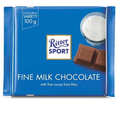 Ritter Sport Fine Milk Chocolate (HEAT SENSITIVE ITEM - PLEASE ADD A THERMAL BOX TO YOUR ORDER TO PROTECT YOUR ITEMS (CASE OF 12 x 100g)