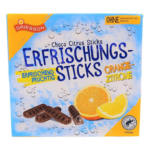 Griesson Erfrischungsstaebchen Orange Zitrone Sticks  HEAT SENSITIVE ITEM. PLEASE ADD ITEM 122942 TO THE ORDER TO TRY TO PROTECT CHOCOLATES FROM HEAT DAMAGE. (CASE OF 30 x 150g)