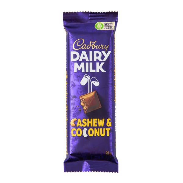 Cadbury Coconut And Cashew Chocolate Bar  HEAT SENSITIVE ITEM. PLEASE ADD ITEM 122942 TO THE ORDER TO TRY TO PROTECT CHOCOLATES FROM HEAT DAMAGE. (CASE OF 24 x 80g)