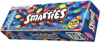 Nestle Smarties Box SA HEAT SENSITIVE ITEM. PLEASE ADD ITEM 122942 TO THE ORDER TO TRY TO PROTECT CHOCOLATES FROM HEAT DAMAGE. (CASE OF 24 x 70g)