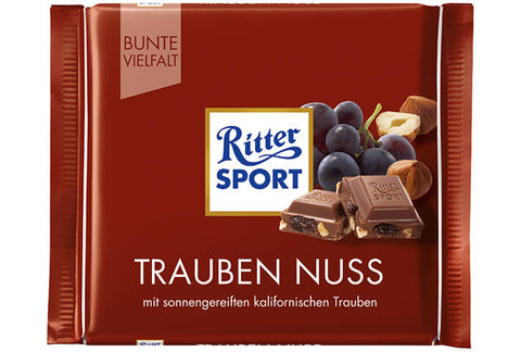 Ritter Sport with Raisins and Nuts (HEAT SENSITIVE ITEM - PLEASE ADD A THERMAL BOX TO YOUR ORDER TO PROTECT YOUR ITEMS (CASE OF 12 x 100g)
