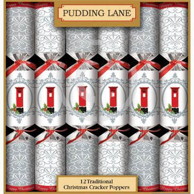 Pudding Lane Christmas Crackers Red Letter Box with Grey and White and Silver Background (CASE OF 6 x 490g)