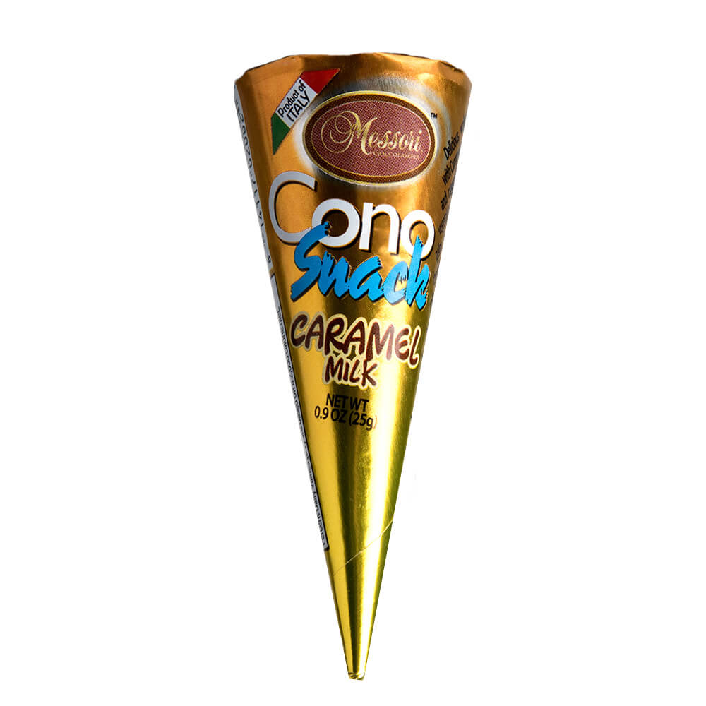 Messori Cono Snack Caramel Cream Cone  HEAT SENSITIVE ITEM. PLEASE ADD ITEM 122942 TO THE ORDER TO TRY TO PROTECT CHOCOLATES FROM HEAT DAMAGE. (CASE OF 12 x 25g)