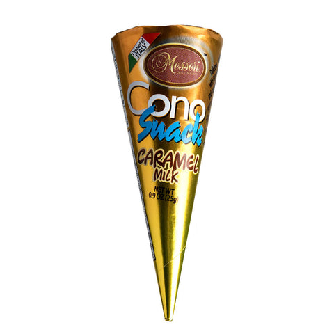 Messori Cono Snack Caramel Cream Cone  HEAT SENSITIVE ITEM. PLEASE ADD ITEM 122942 TO THE ORDER TO TRY TO PROTECT CHOCOLATES FROM HEAT DAMAGE. (CASE OF 12 x 25g)