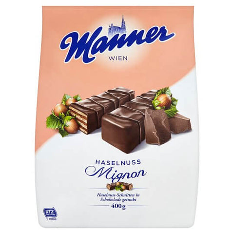 Manner Wafers Hazelnut Dark Chocolate HEAT SENSITIVE ITEM. PLEASE ADD ITEM 122942 TO THE ORDER TO TRY TO PROTECT CHOCOLATES FROM HEAT DAMAGE (CASE OF 10 x 400g)