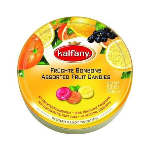 Kalfany Assorted Flavor Fruit Candies Tin (CASE OF 10 x 150g)