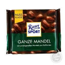 Ritter Sport Milk Chocolate With Whole Almonds  HEAT SENSITIVE ITEM. PLEASE ADD ITEM 122942 TO THE ORDER TO TRY TO PROTECT CHOCOLATES FROM HEAT DAMAGE. (CASE OF 11 x 100g)