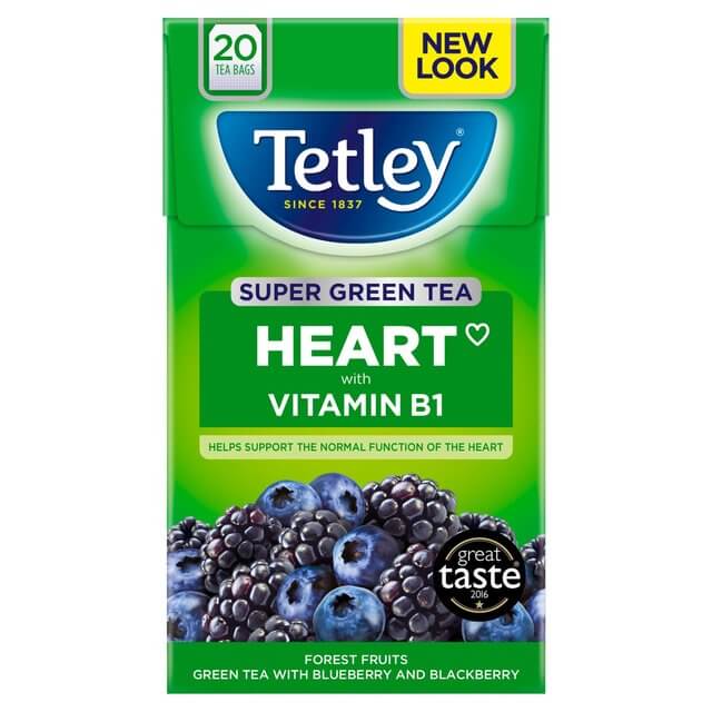 Tetley Tea - Heart Super Green Tea with Forest Fruits (Pack of 20 Tea Bags) (CASE OF 4 x 40g)