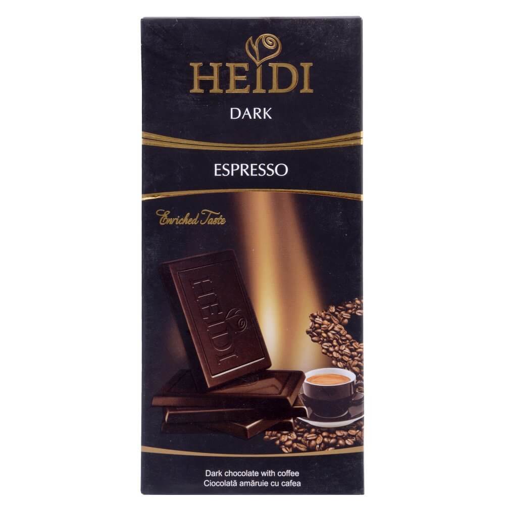 Heidi Dark Espresso Chocolate Bar  HEAT SENSITIVE ITEM. PLEASE ADD ITEM 122942 TO THE ORDER TO TRY TO PROTECT CHOCOLATES FROM HEAT DAMAGE. (CASE OF 12 x 80g)