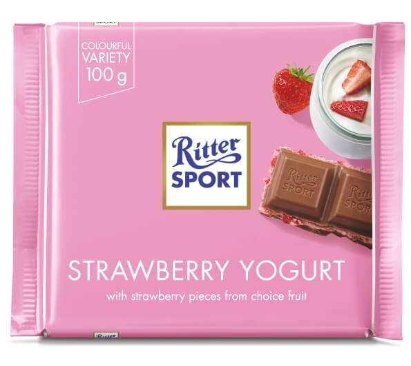 Ritter Sport Milk Chocolate with Strawberry Creme  HEAT SENSITIVE ITEM. PLEASE ADD ITEM 122942 TO THE ORDER TO TRY TO PROTECT CHOCOLATES FROM HEAT DAMAGE. (CASE OF 12 x 100g)