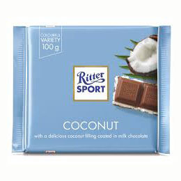 Ritter Sport Milk Chocolate with Coconut  HEAT SENSITIVE ITEM. PLEASE ADD ITEM 122942 TO THE ORDER TO TRY TO PROTECT CHOCOLATES FROM HEAT DAMAGE. (CASE OF 12 x 100g)