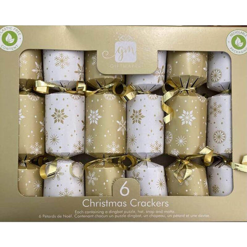 Giftmaker Christmas Crackers Gold and White Mini  Crackers with Snowflakes 6 x 8 Inch (CASE OF 18 x 55g)