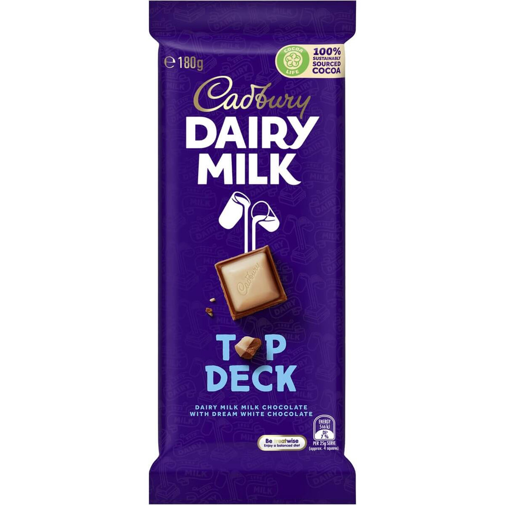 Cadbury Dairy Milk Top Deck (Australia)  HEAT SENSITIVE ITEM. PLEASE ADD ITEM 122942 TO THE ORDER TO TRY TO PROTECT CHOCOLATES FROM HEAT DAMAGE. (CASE OF 15 x 180g)