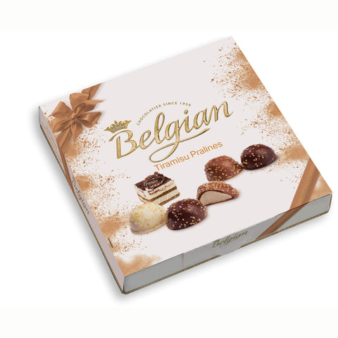 Belgian Tiramisu Praline Gift Box with a Variety of Tiramisu Flavored Chocolates  HEAT SENSITIVE ITEM. PLEASE ADD ITEM 122942 TO THE ORDER TO TRY TO PROTECT CHOCOLATES FROM HEAT DAMAGE. (CASE OF 12 x 200g)
