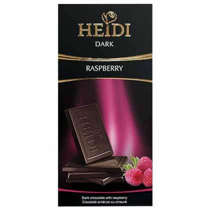 Heidi Dark Chocolate Bar with Raspberry Pieces  HEAT SENSITIVE ITEM. PLEASE ADD ITEM 122942 TO THE ORDER TO TRY TO PROTECT CHOCOLATES FROM HEAT DAMAGE. (CASE OF 12 x 80g)