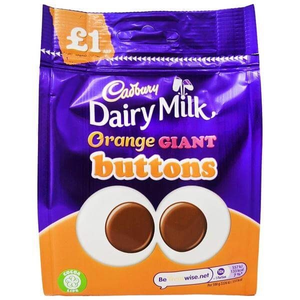 Cadbury Dairy Milk Orange Giant Buttons  HEAT SENSITIVE ITEM. PLEASE ADD ITEM 122942 TO THE ORDER TO TRY TO PROTECT CHOCOLATES FROM HEAT DAMAGE. (CASE OF 10 x 85g)
