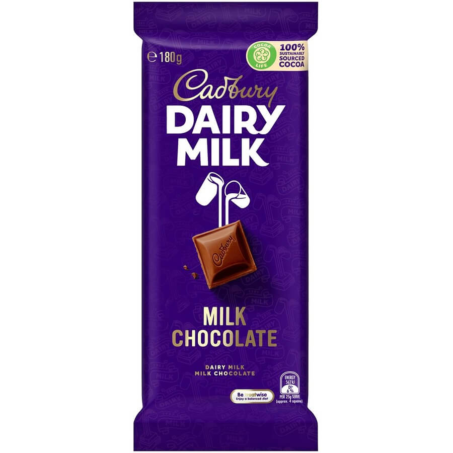 Cadbury Dairy Milk Chocolate slab (Australia)  HEAT SENSITIVE ITEM. PLEASE ADD ITEM 122942 TO THE ORDER TO TRY TO PROTECT CHOCOLATES FROM HEAT DAMAGE. (CASE OF 16 x 180g)