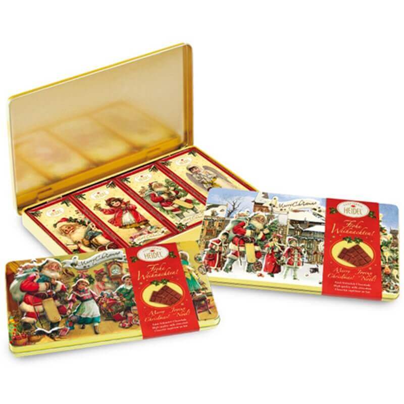Heidel Christmas Nostalgia Deco Tin Chocolate Greeting Cards Yellow Santa and Kids with Toy Bag (CASE OF 7 x 120g)