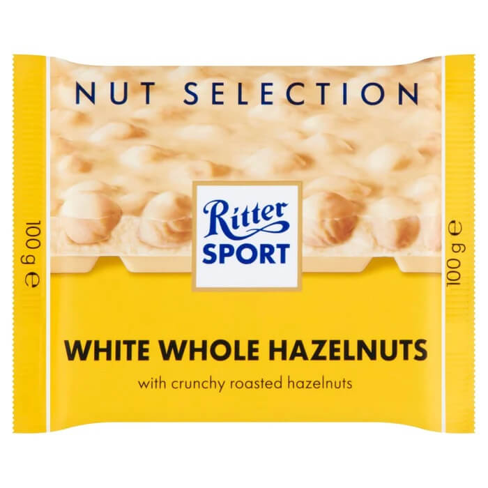 Ritter Sport Nut Perfection White Whole Hazelnuts  HEAT SENSITIVE ITEM. PLEASE ADD ITEM 122942 TO THE ORDER TO TRY TO PROTECT CHOCOLATES FROM HEAT DAMAGE. (CASE OF 10 x 100g)