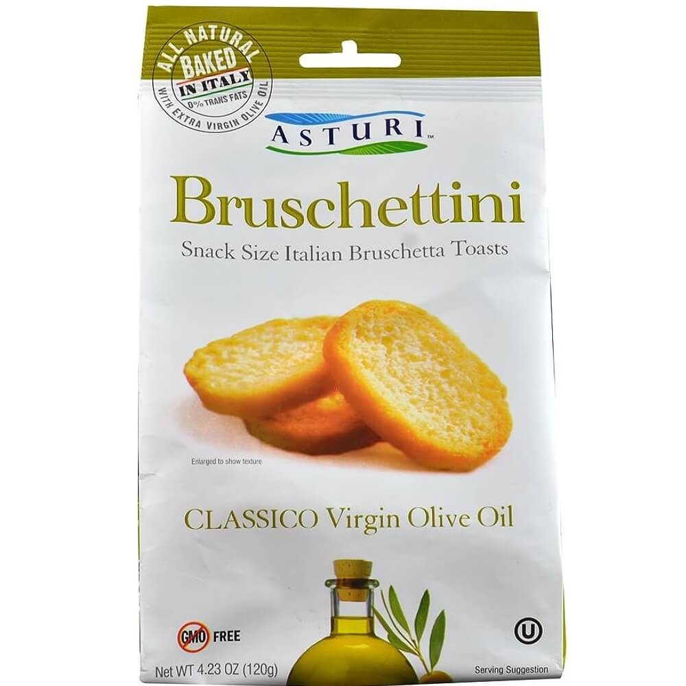 Asturi Bruschettini Classico Virgin Olive Oil Snack Size Italian Bruschetta Toasts. (CASE OF 12 x 120g)