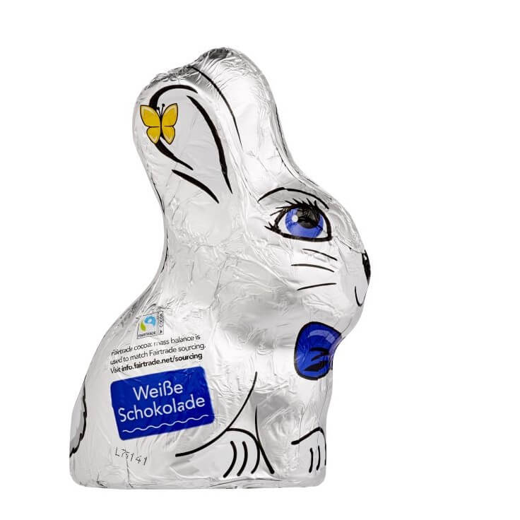 Klett Sitting Bunny White Chocolate in Silver Foil (CASE OF 20 x 151g)