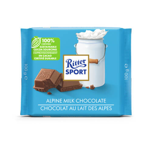 Ritter Sport Alpine Milk Chocolate Bar  HEAT SENSITIVE ITEM. PLEASE ADD ITEM 122942 TO THE ORDER TO TRY TO PROTECT CHOCOLATES FROM HEAT DAMAGE. (CASE OF 12 x 100g)
