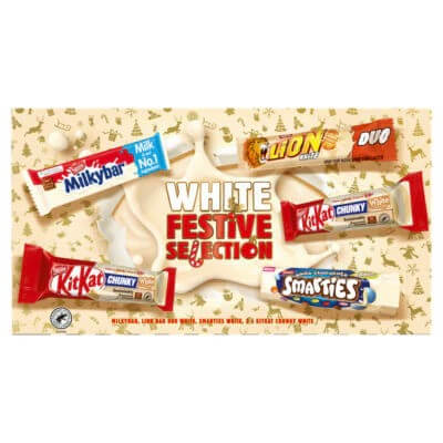 Nestle White Festive Selection Box Includes Milkybar, Kit Kat Chunky, Lion and Smarties All White Chocolate (CASE OF 8 x 190g)