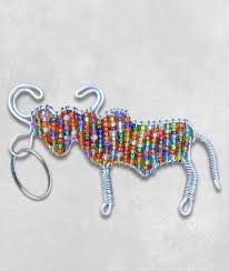 African Hut Beaded Keyring Multicolor Buffalo (CASE OF 6 x 23g)