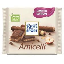 Ritter Sport Amicelli Bar HEAT SENSITIVE ITEM. PLEASE ADD ITEM 122942 TO THE ORDER TO TRY TO PROTECT CHOCOLATES FROM HEAT DAMAGE (CASE OF 12 x 100g)