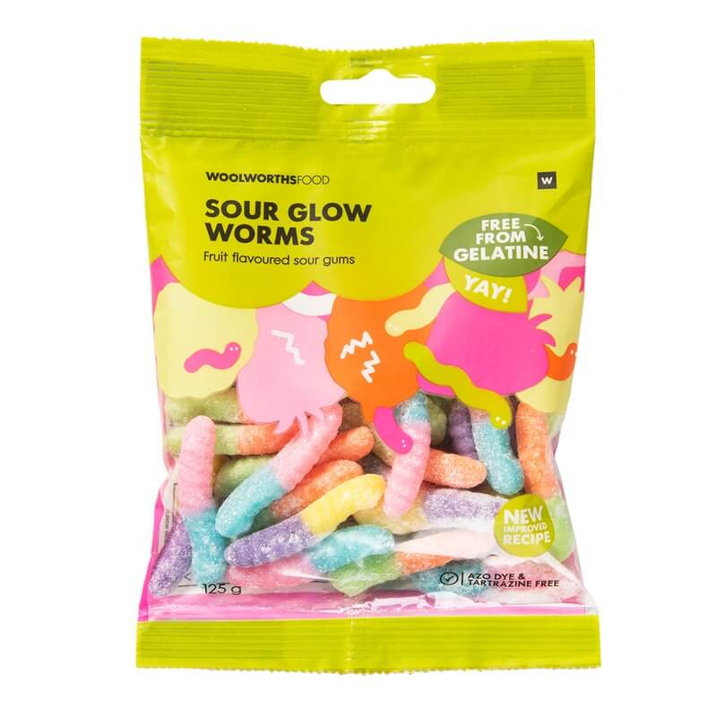 Woolworths  Sour Glow Worms Jellies (CASE OF 1 x 125g)