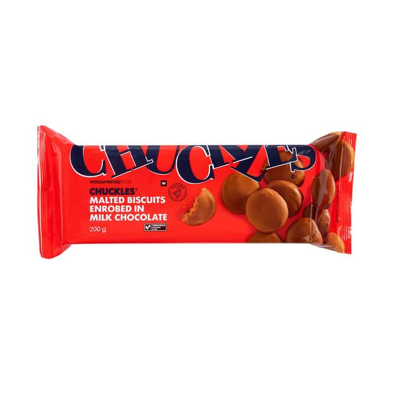Woolworths Chuckles Malted Biscuits Enrobed in Milk Chocolate (CASE OF 1 x 200g)