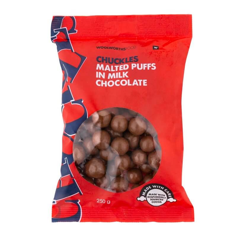 Woolworths Chuckles Malted Puffs in Milk Chocolate Bag (CASE OF 1 x 250g)