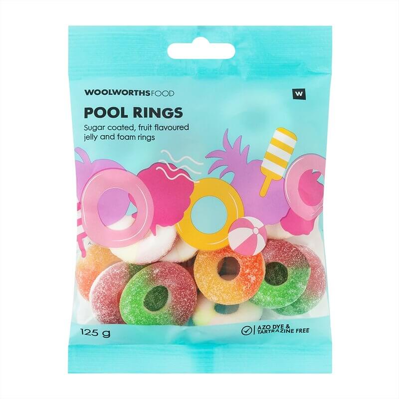 Woolworths Fruit Flavoured Pool Rings Sugar Coated Jelly Foam Gummies (CASE OF 1 x 125g)