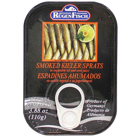 Ruegenfisch Smoked Kieler Sprats in Vegetable Oil and Own Juice (CASE OF 10 x 110g)